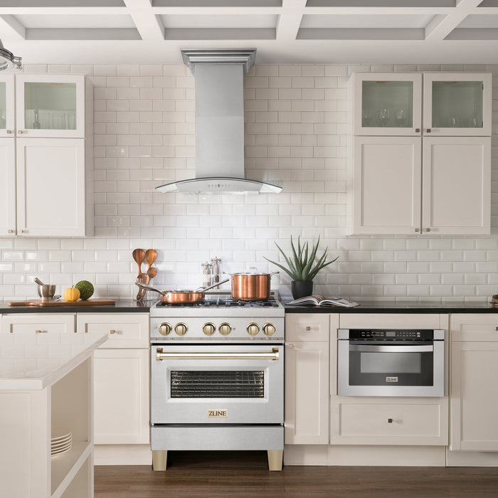 ZLINE 30" Autograph Dual Fuel Range, DuraSnow Stainless, Gold, RASZ-SN-30-G