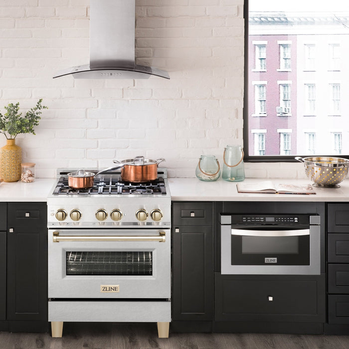 ZLINE 30" Autograph Dual Fuel Range, DuraSnow Stainless, Gold, RASZ-SN-30-G