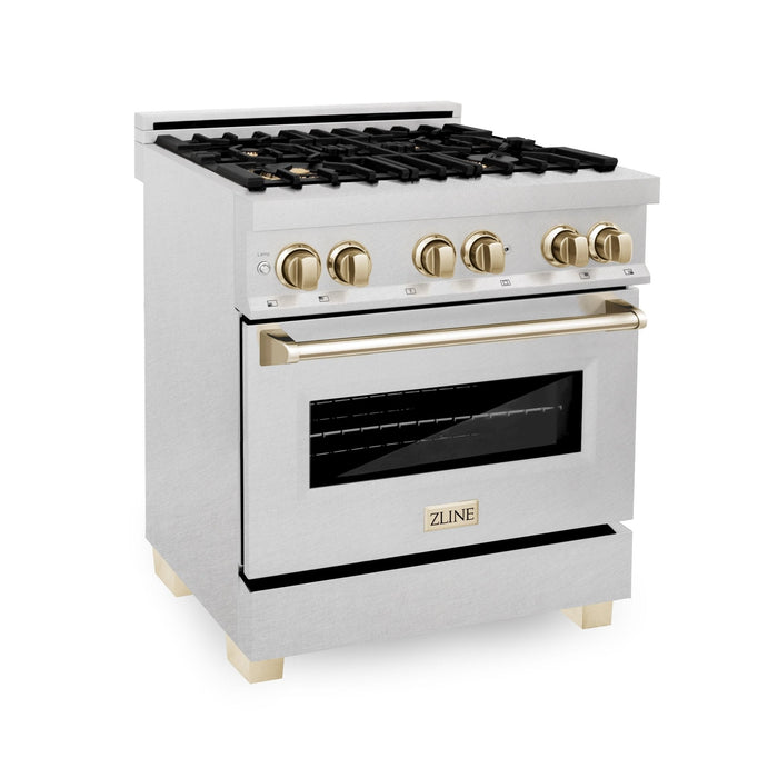 ZLINE 30" Autograph Dual Fuel Range, DuraSnow Stainless, Gold, RASZ-SN-30-G