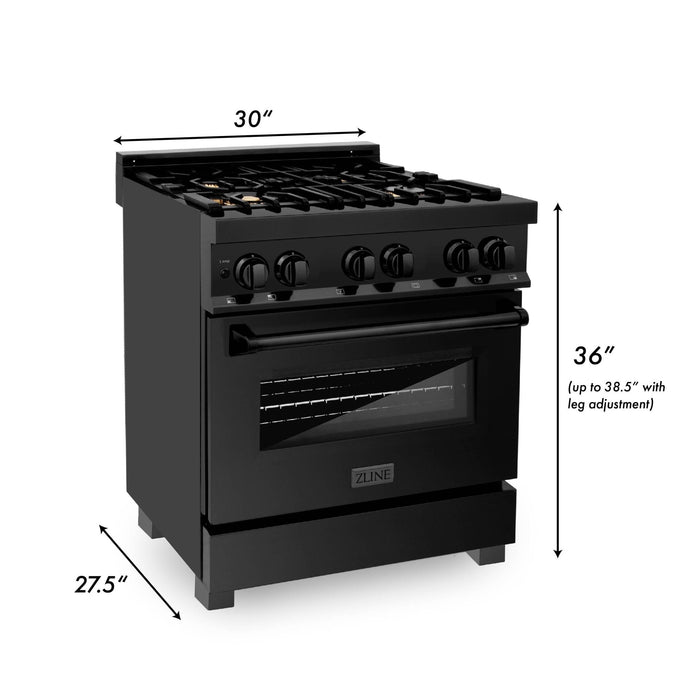 ZLINE 30" Black Stainless, Gas/Electric Oven, Brass Burners, RAB-BR-30
