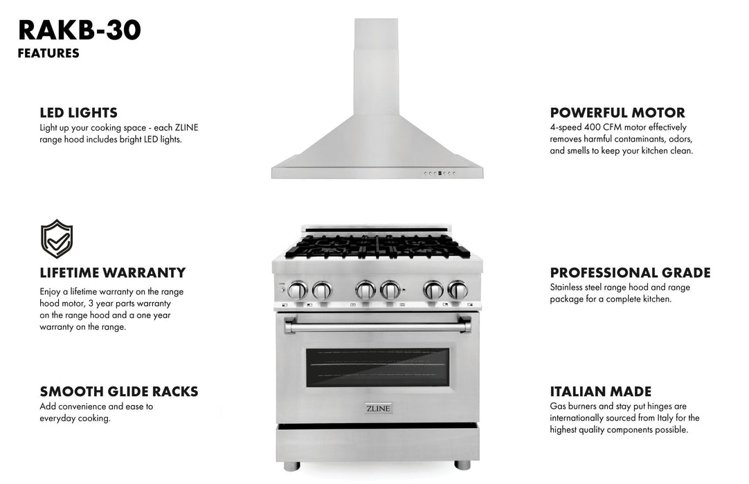 ZLINE 30" Bundle Range RA30 &  Wall Range Hood KB-30, 2KP-RARH30