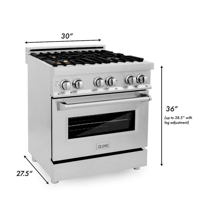 ZLINE 30" Dual Fuel Oven Range, Stainless Steel, Brass Burners, RA-BR-30