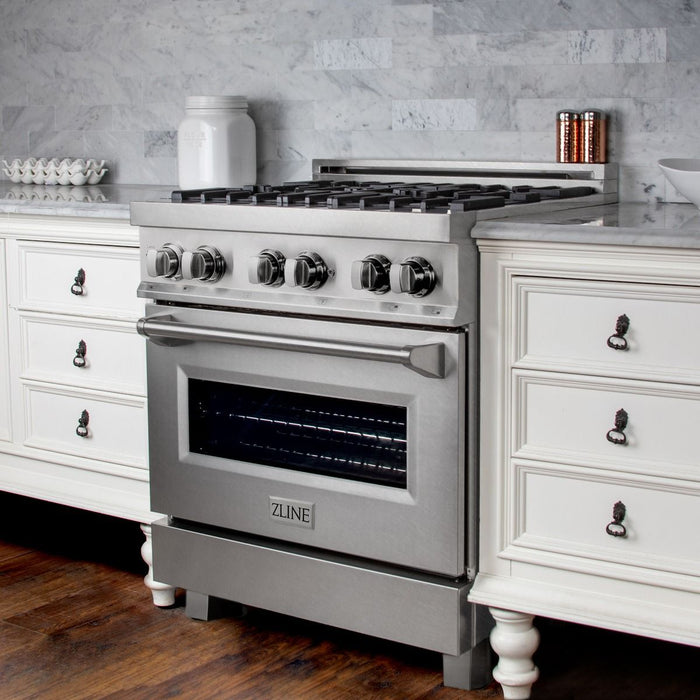 ZLINE 30" Dual Fuel Range, DuraSnow, Stainless, Brass Burners, RAS-SN-BR-30