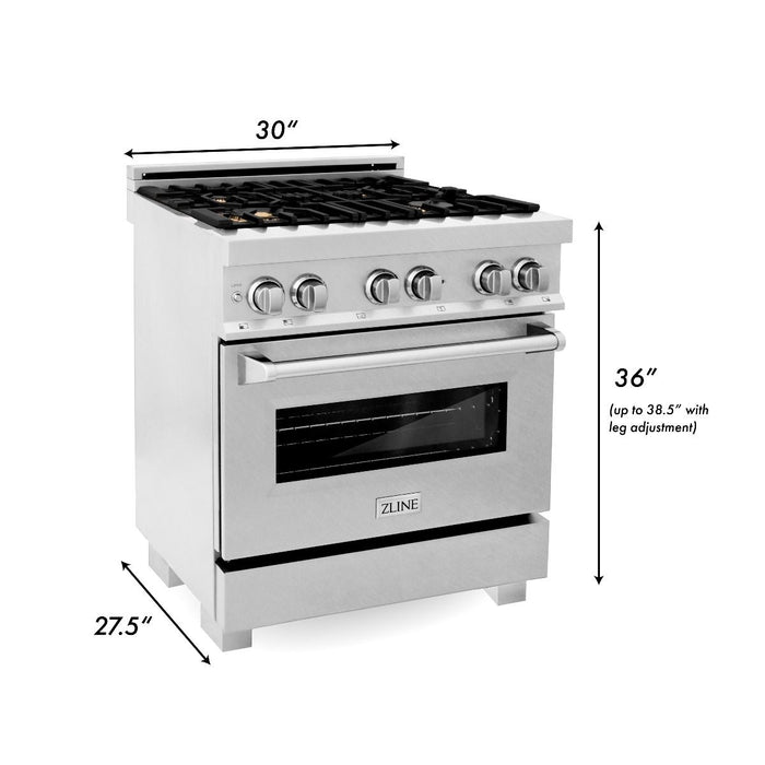ZLINE 30" Dual Fuel Range, DuraSnow, Stainless, Brass Burners, RAS-SN-BR-30