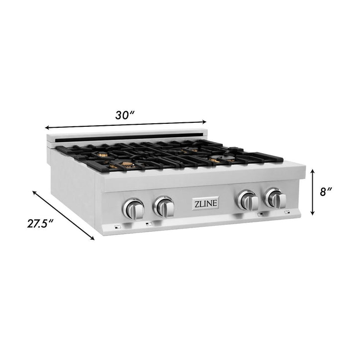 ZLINE 30" Porcelain Rangetop With 4 Gas Brass Burners, RT-BR-30
