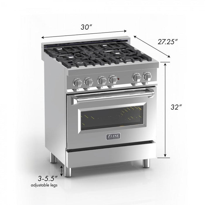 ZLINE 30" Professional Dual Fuel Range, Snow Stainless, Blue Matte Door, RAS-BM-30