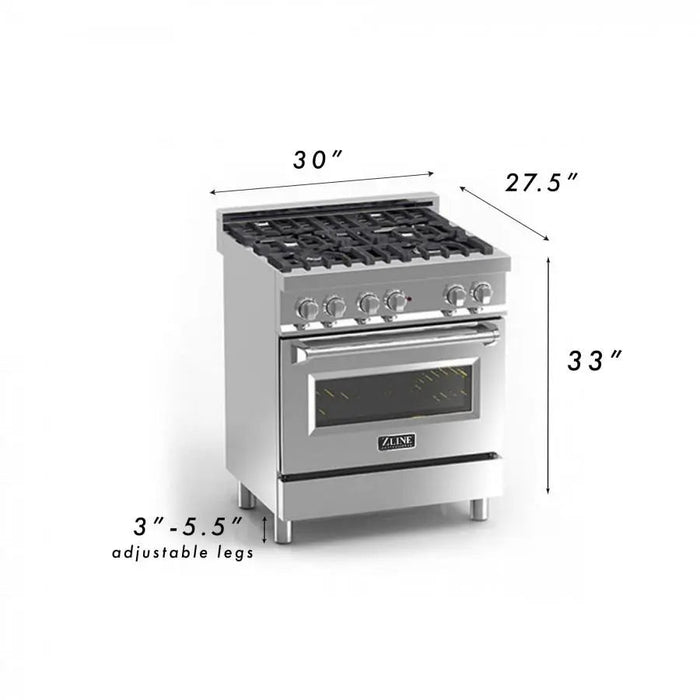 ZLINE 30" Stainless 4.0 cu.ft. 4 Gas Burner/Electric Oven Range RA30