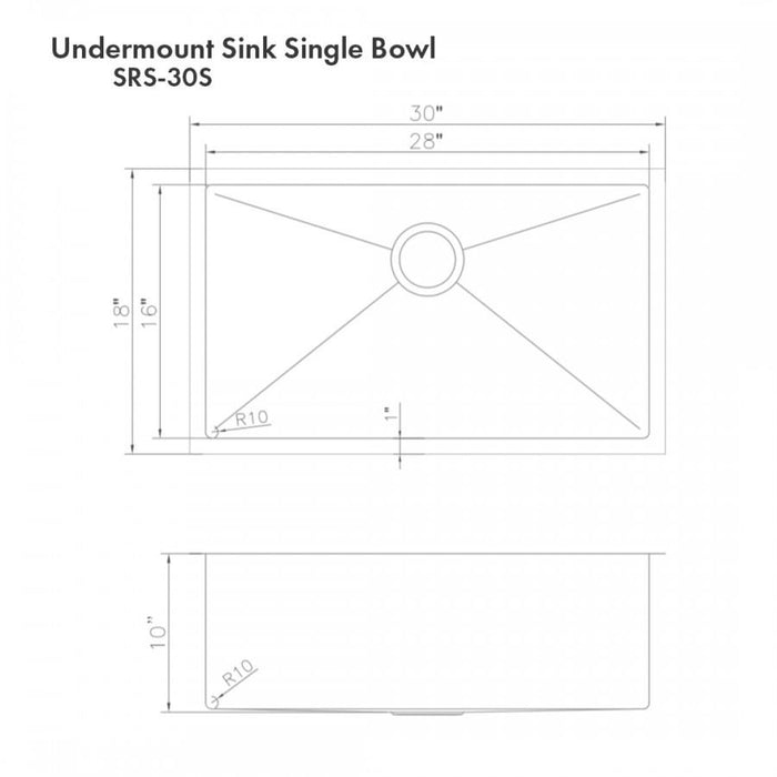 ZLINE 30" Undermount Single Bowl Sink DuraSnow Stainless Steel, SRS-30S