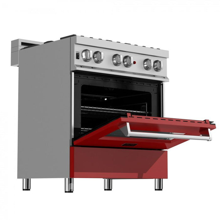 ZLINE 30"Professional Dual Fuel Range, Snow Stainless, Red Matte Door, RAS-RM-30