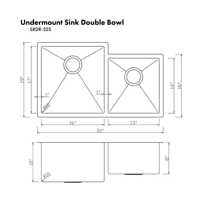 ZLINE 32"  Undermount Double Bowl Sink, Dura Snow Stainless, SRDR-32S