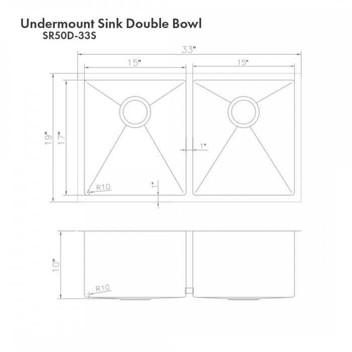 ZLINE 33" Undermount Double Bowl Sink Stainless Steel, SR50D-33S