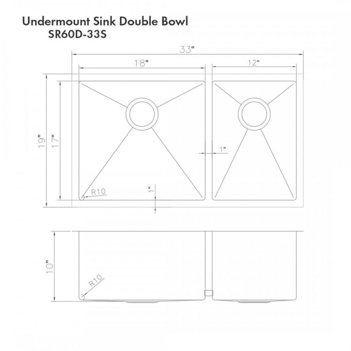 ZLINE 33" Undermount Double Bowl Sink Stainless Steel, SR60D-33S