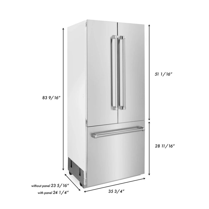 ZLINE 36" 19.6 cu. ft. Built-In 3-Door French Door Refrigerator with Internal Water and Ice Dispenser in Stainless Steel RBIV-304-36