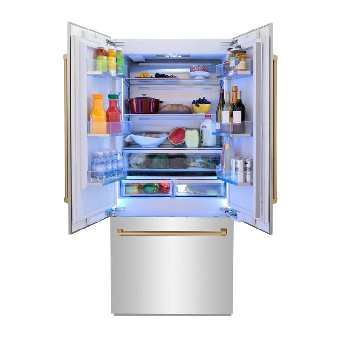 ZLINE 36" Autograph 19.6 cu. ft. 2-Door Bottom Freezer Fridge Water/Ice Dispenser Stainless Steel Champagne Bronze Accents RBIVZ-304-36-CB