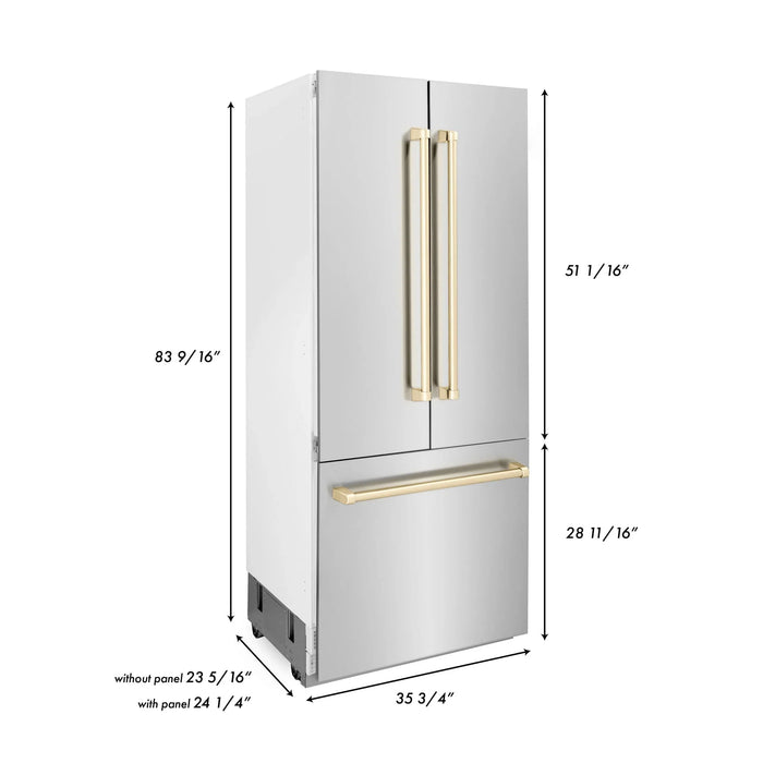 ZLINE 36” Autograph 19.6 cu. ft. 2-Door Bottom Freezer Fridge Water/Ice Dispenser Stainless Steel Gold Accents RBIVZ-304-36-G
