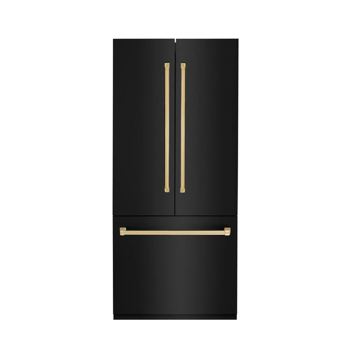 ZLINE 36" Autograph 19.6 cu. ft. 3-Door French Door Fridge Water/Ice Dispenser Black Stainless Steel Gold Accents RBIVZ-BS-36-G