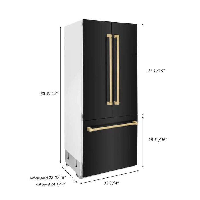 ZLINE 36" Autograph 19.6 cu. ft. 3-Door French Door Fridge Water/Ice Dispenser Black Stainless Steel Gold Accents RBIVZ-BS-36-G