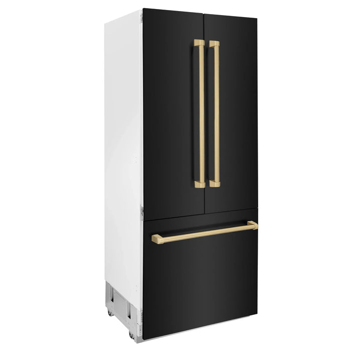 ZLINE 36" Autograph 19.6 cu. ft. 3-Door French Door Fridge Water/Ice Dispenser Black Stainless Steel Gold Accents RBIVZ-BS-36-G