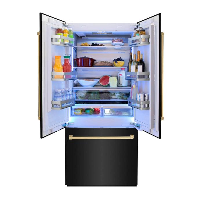 ZLINE 36" Autograph 19.6 cu. ft. 3-Door French Door Fridge Water/Ice Dispenser Black Stainless Steel Gold Accents RBIVZ-BS-36-G