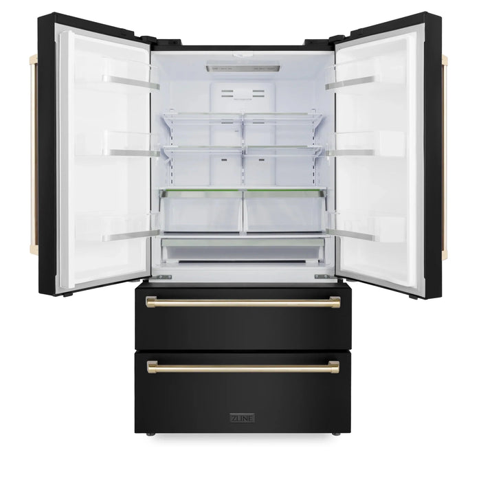 ZLINE 36" Autograph 22.5 cu. Ft French Door Refrigerator with Ice Maker Black Stainless Steel with Gold Accents RFMZ-36-BS-G