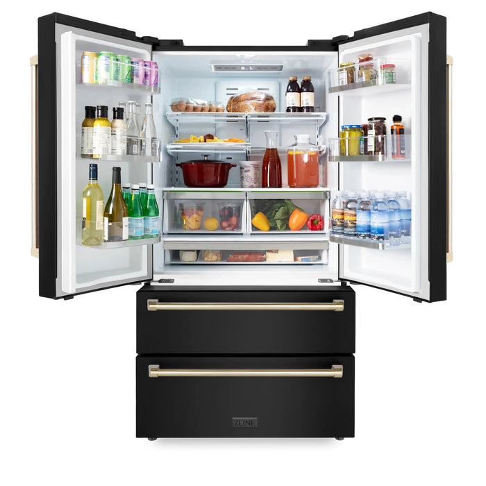 ZLINE 36" Autograph 22.5 cu. Ft French Door Refrigerator with Ice Maker Black Stainless Steel with Gold Accents RFMZ-36-BS-G