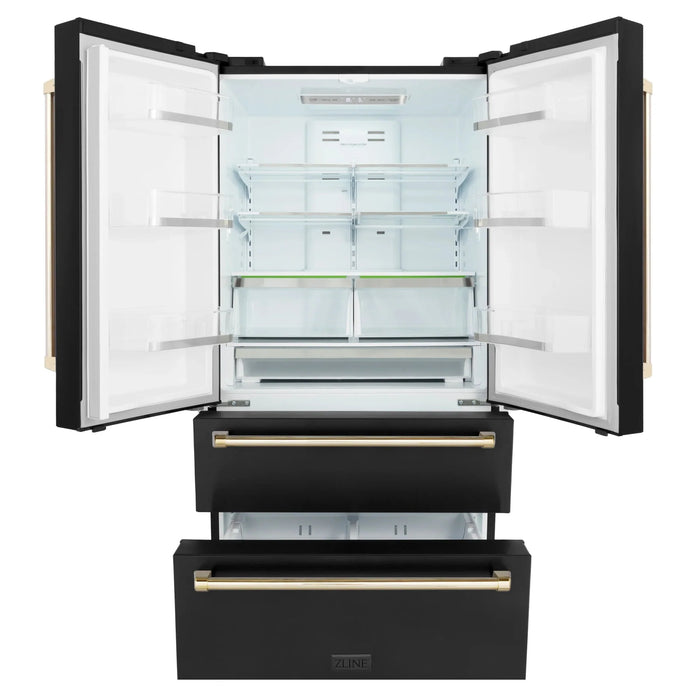 ZLINE 36" Autograph 22.5 cu. Ft French Door Refrigerator with Ice Maker Black Stainless Steel with Gold Accents RFMZ-36-BS-G