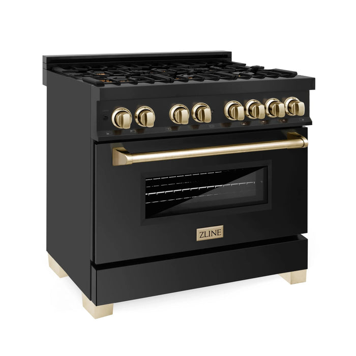 ZLINE 36" Autograph Dual Fuel Range, Black Stainless, Gold, RABZ-36-G