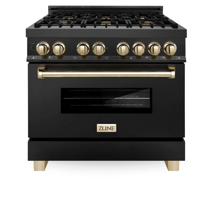 ZLINE 36" Autograph Dual Fuel Range, Black Stainless, Gold, RABZ-36-G