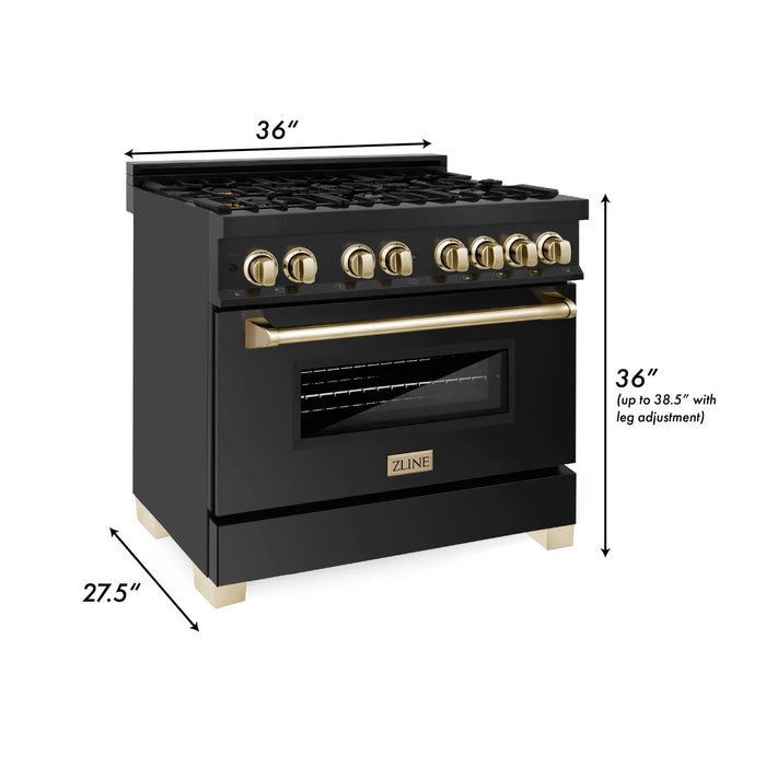 ZLINE 36" Autograph Dual Fuel Range, Black Stainless, Gold, RABZ-36-G