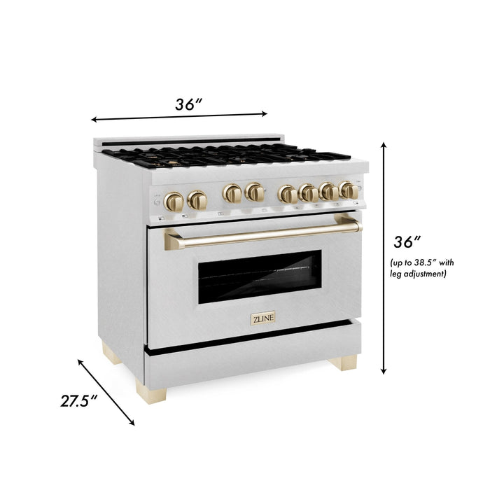 ZLINE 36" Autograph Dual Fuel Range, DuraSnow, Gold, RASZ-SN-36-G