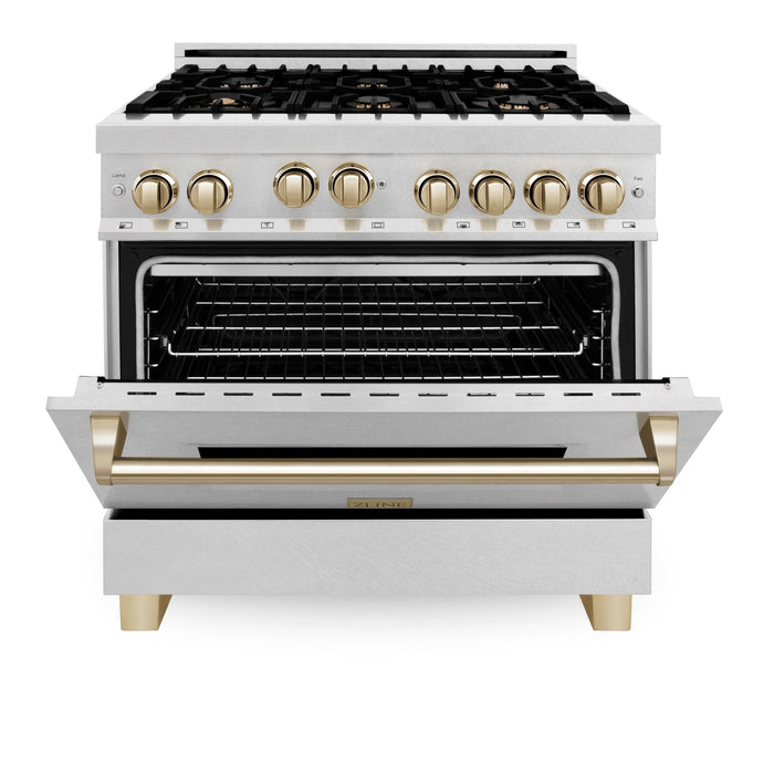 ZLINE 36" Autograph Dual Fuel Range, DuraSnow, Gold, RASZ-SN-36-G