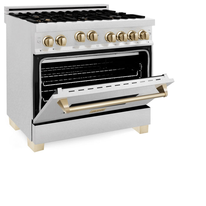 ZLINE 36" Autograph Dual Fuel Range, DuraSnow, Gold, RASZ-SN-36-G