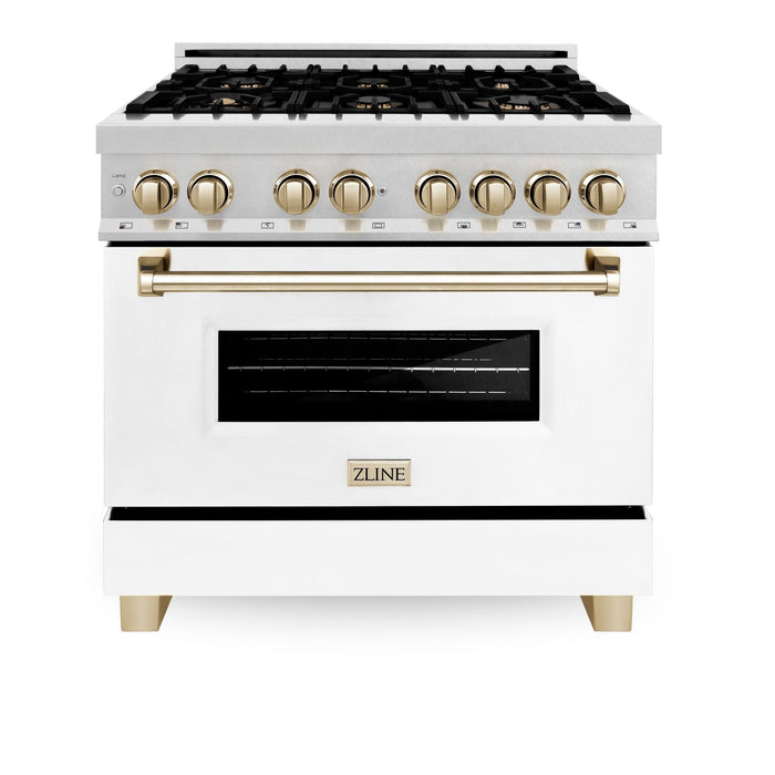 ZLINE 36" Autograph Dual Fuel Range, DuraSnow, White,Gold,RASZ-WM-36-G