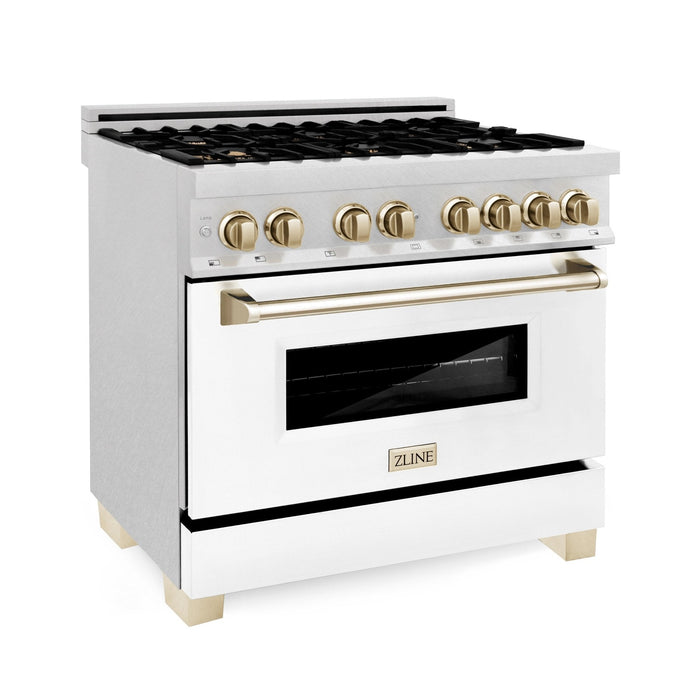 ZLINE 36" Autograph Dual Fuel Range, DuraSnow, White,Gold,RASZ-WM-36-G