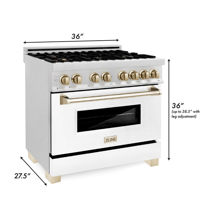 ZLINE 36" Autograph Dual Fuel Range, DuraSnow, White,Gold,RASZ-WM-36-G