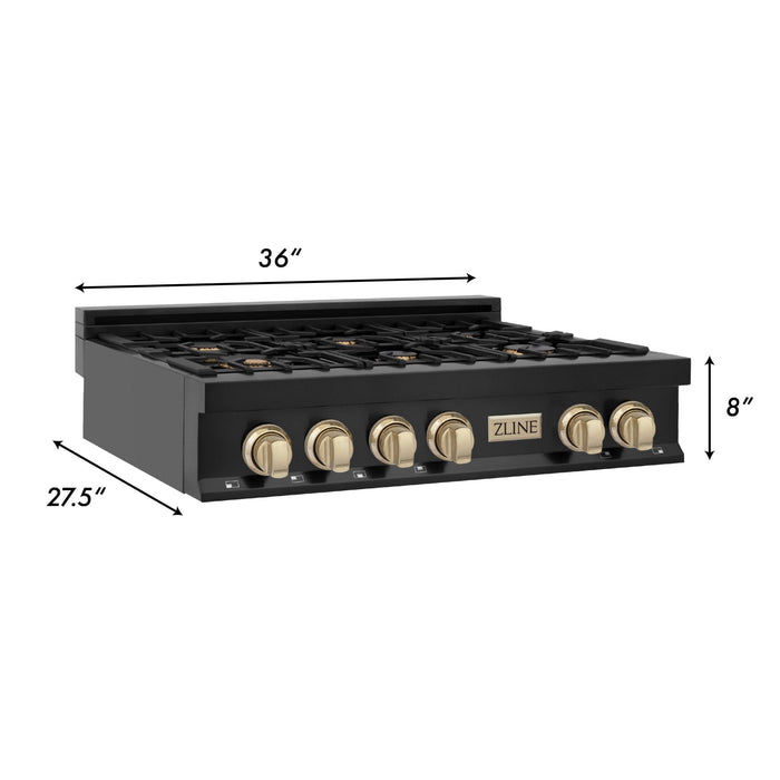 ZLINE 36" Autograph Rangetop, Black Stainless, Gold Accents, RTBZ-36-G