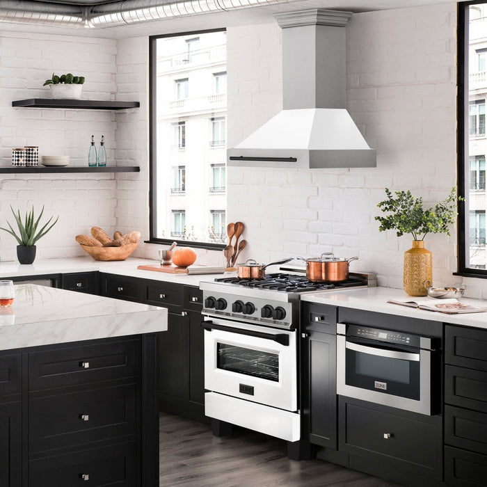 ZLINE 36" Autograph Stainless Wall Range Hood, White, Black accents, 8654STZ-WM36-MB