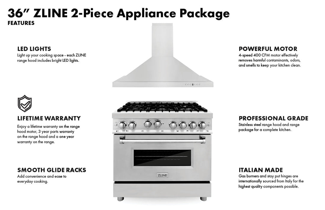 ZLINE 36" Bundle Range RA36 & Wall Range Hood KB-36, 2KP-RARH36
