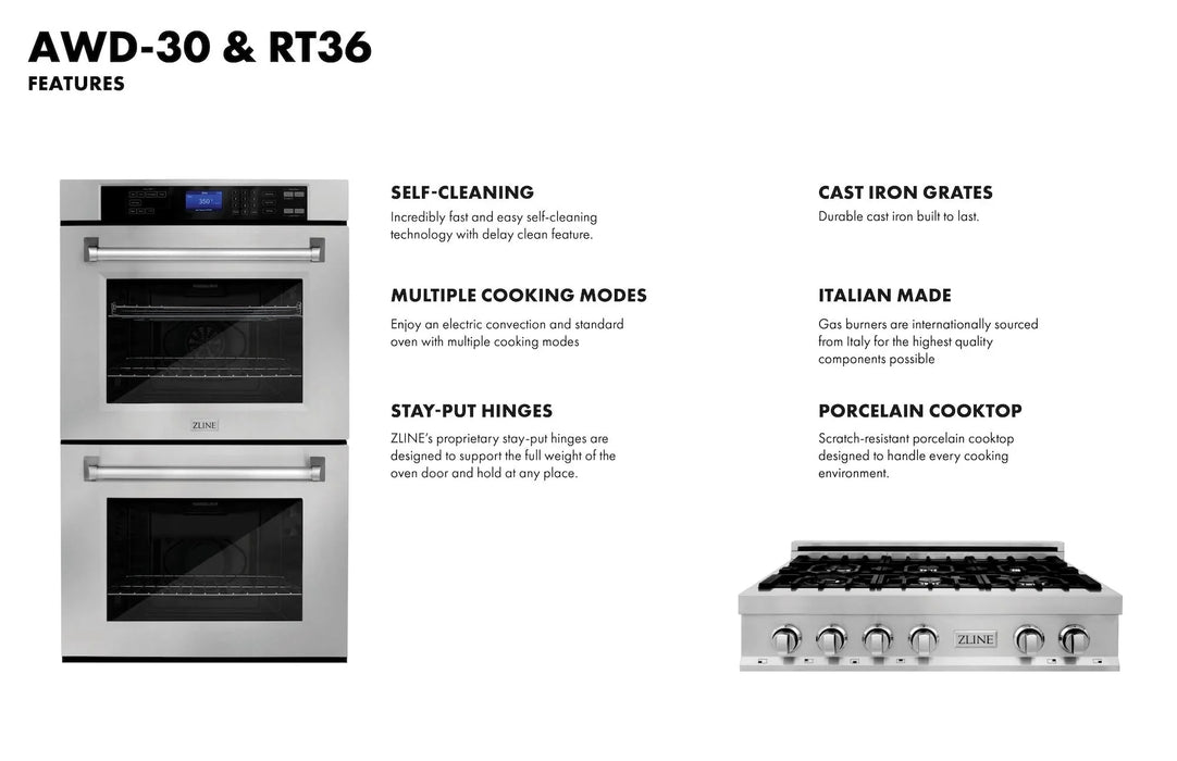 ZLINE 36" Bundle Range Top RT36 & Wall Oven AWD-30, 2KP-RTAWD36