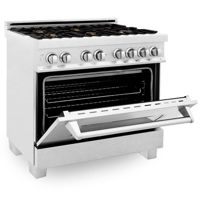 ZLINE 36" Dual Fuel Range, DuraSnow, Stainless, Brass Burners, RAS-SN-BR-36