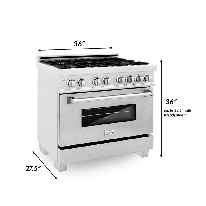 ZLINE 36" Dual Fuel Range, DuraSnow, Stainless, Brass Burners, RAS-SN-BR-36