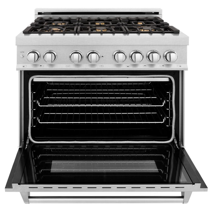 ZLINE 36" Dual Fuel Range, DuraSnow, Stainless, Brass Burners, RAS-SN-BR-36
