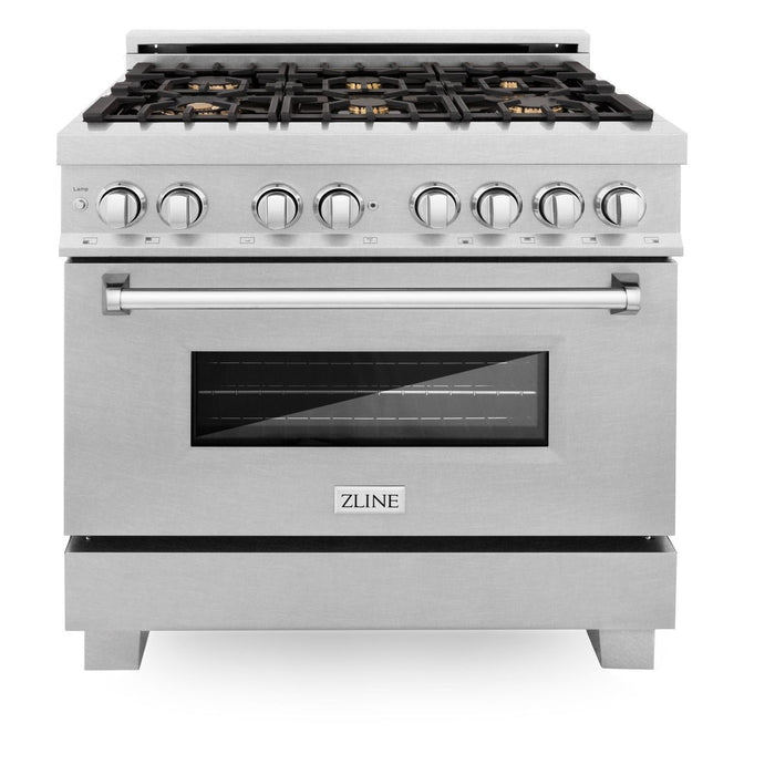ZLINE 36" Dual Fuel Range, DuraSnow, Stainless, Brass Burners, RAS-SN-BR-36