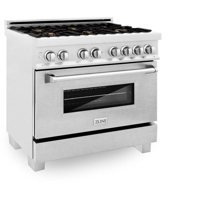 ZLINE 36" Dual Fuel Range, DuraSnow, Stainless, Brass Burners, RAS-SN-BR-36