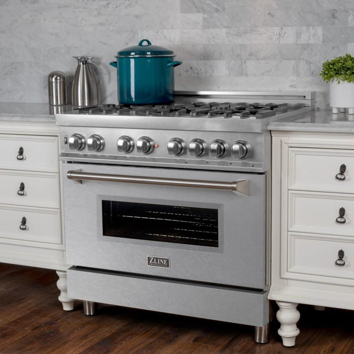 ZLINE 36" Dual Fuel Range, Snow Stainless, Snow Stainless Door, RAS-SN-36