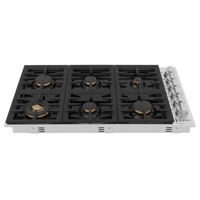 ZLINE 36" Gas Cooktop with 6 Gas Brass Burners and Black Porcelain Top RC-BR-36-PBT
