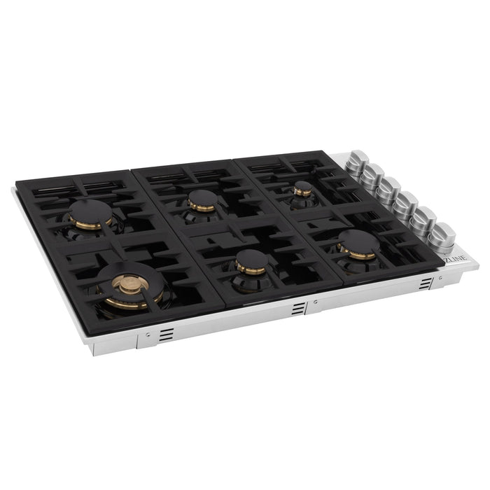 ZLINE 36" Gas Cooktop with 6 Gas Brass Burners and Black Porcelain Top RC-BR-36-PBT