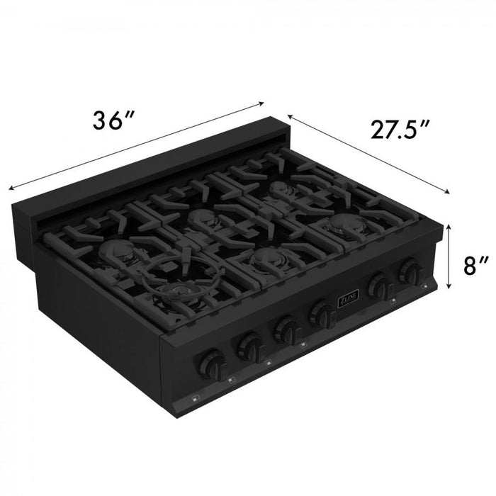 ZLINE 36" Porcelain Rangetop in Black Stainless with 6 Gas Burners, RTB-36