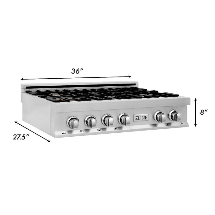 ZLINE 36" Porcelain Rangetop With 6 Gas Brass Burners, RT-BR-36