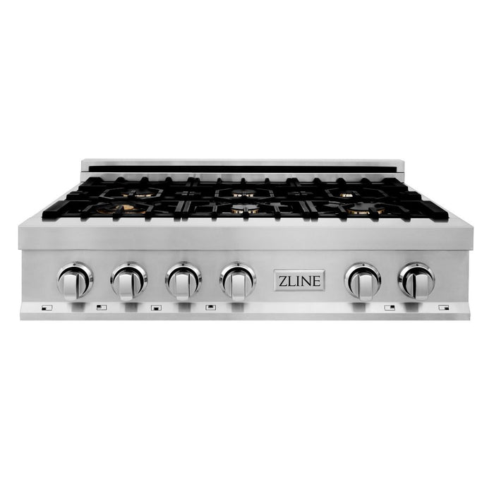 ZLINE 36" Porcelain Rangetop With 6 Gas Brass Burners, RT-BR-36